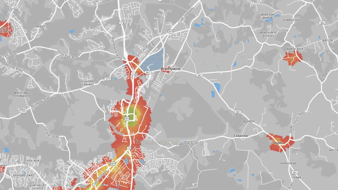 Walk Grade map of 20613, MD, walkable areas in green and car-dependent areas in red