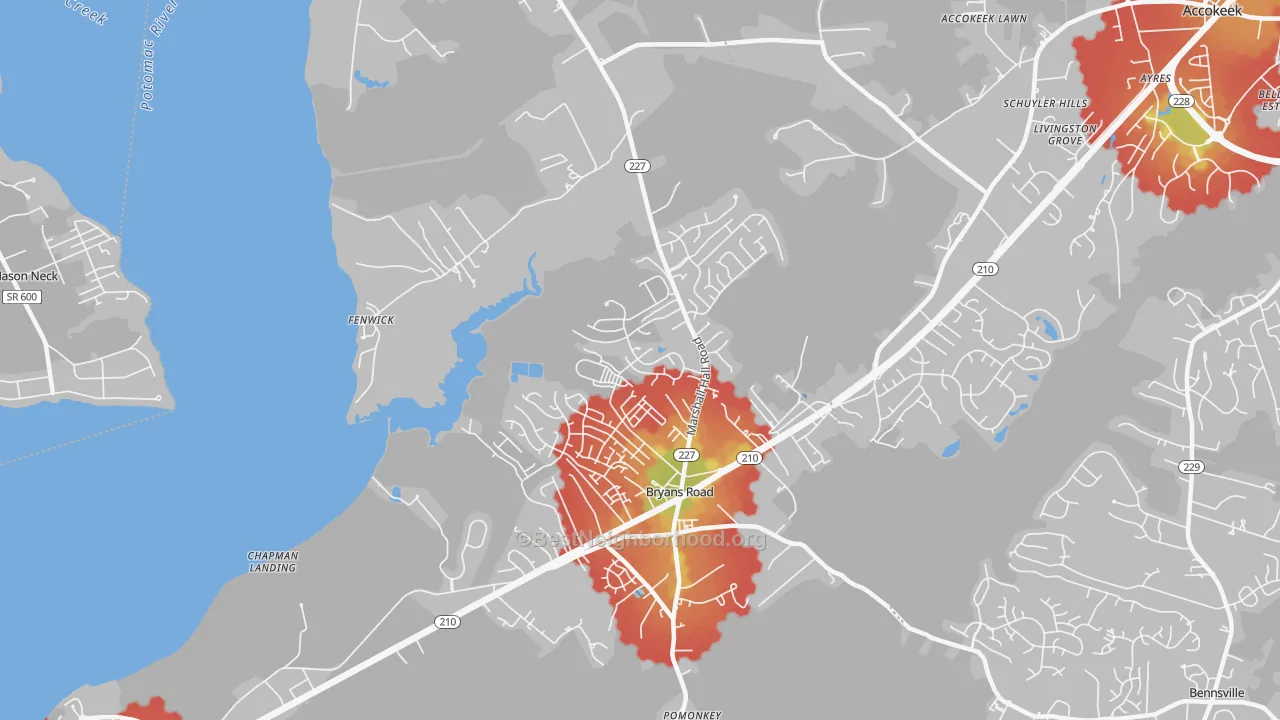 Walk Grade map of 20616, MD, walkable areas in green and car-dependent areas in red