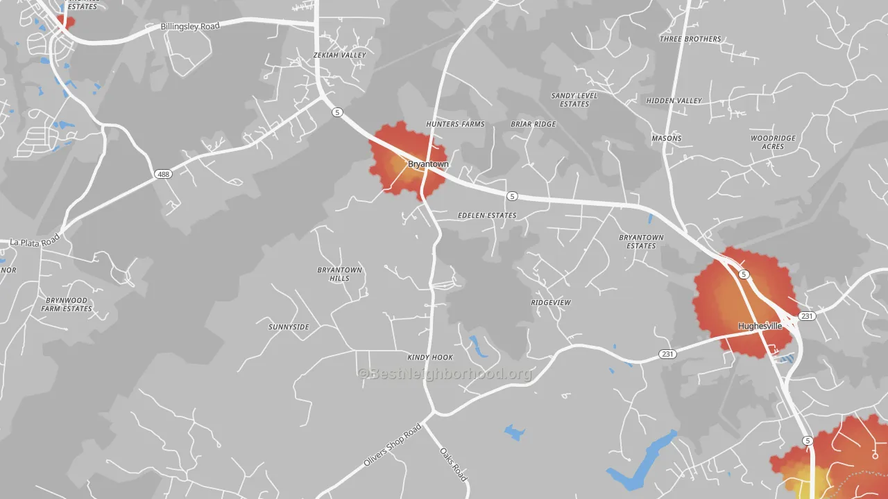 Walk Grade map of 20617, MD, walkable areas in green and car-dependent areas in red