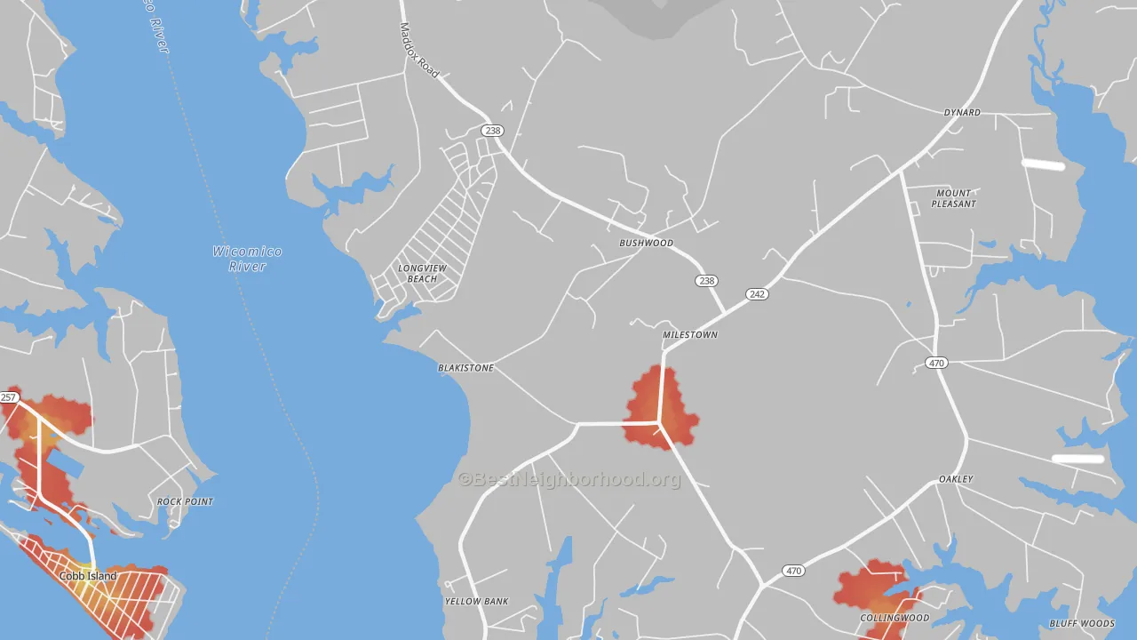 Walk Grade map of 20618, MD, walkable areas in green and car-dependent areas in red