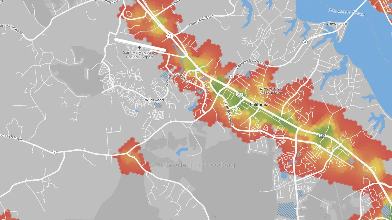 Walk Grade map of 20619, MD, walkable areas in green and car-dependent areas in red