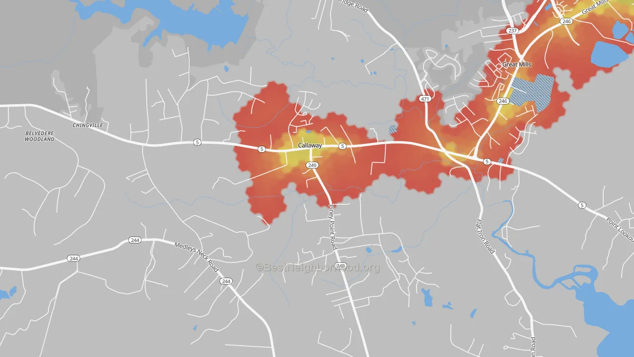 Walk Grade map of 20620, MD, walkable areas in green and car-dependent areas in red