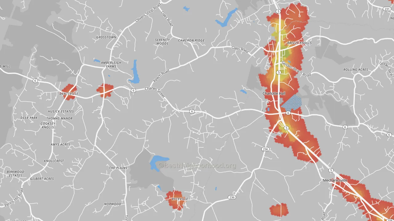 Walk Grade map of 20622, MD, walkable areas in green and car-dependent areas in red