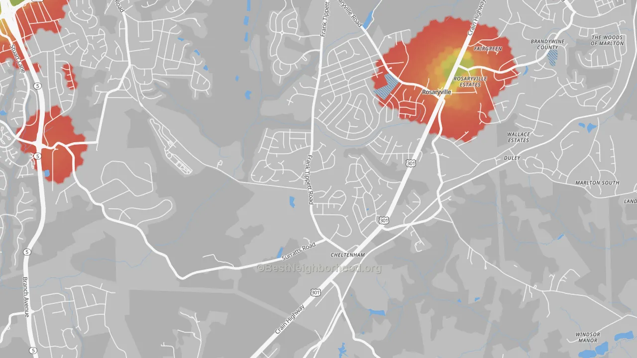 Walk Grade map of 20623, MD, walkable areas in green and car-dependent areas in red