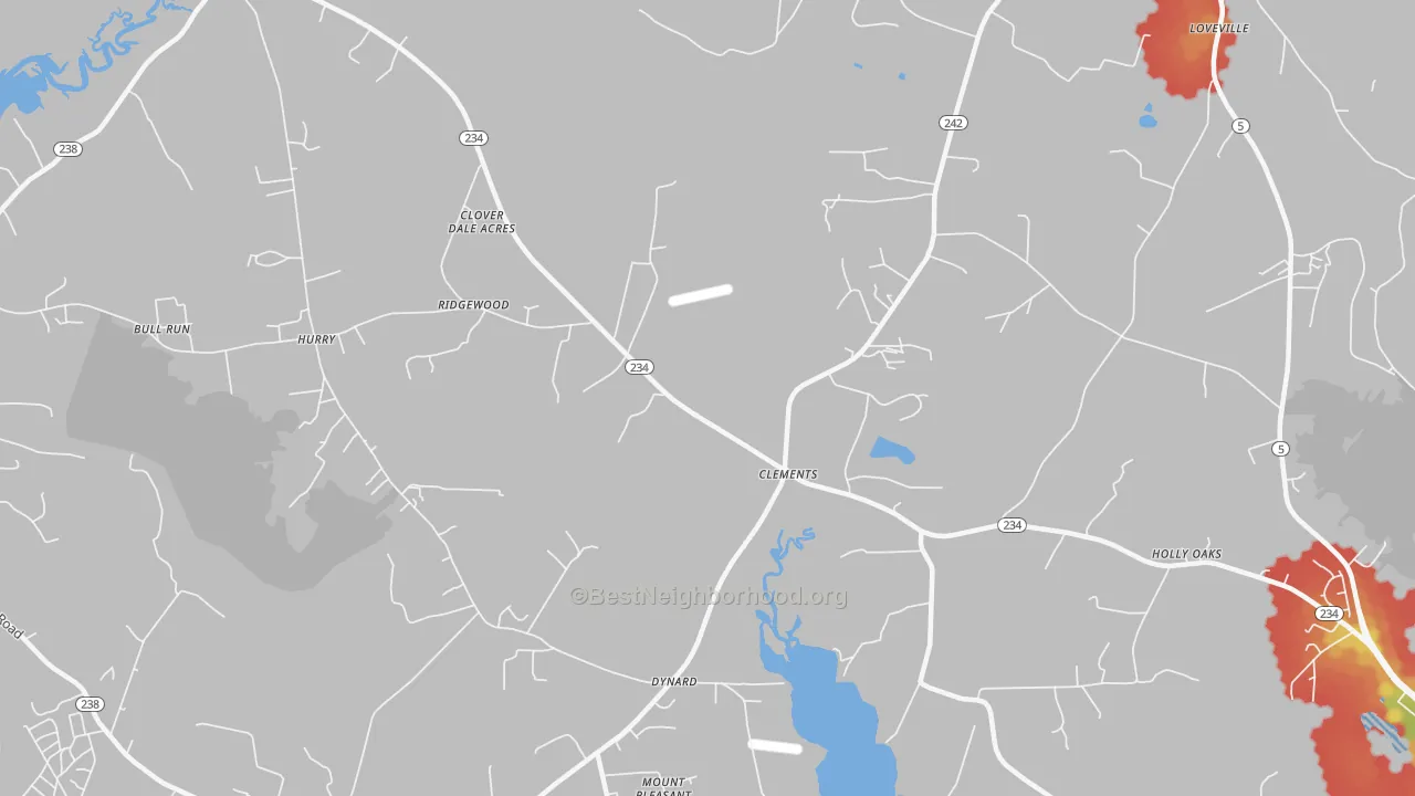 Walk Grade map of 20624, MD, walkable areas in green and car-dependent areas in red