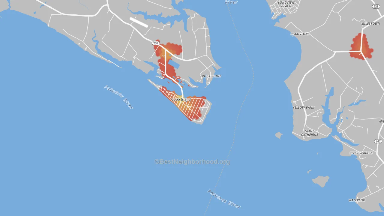 Walk Grade map of 20625, MD, walkable areas in green and car-dependent areas in red