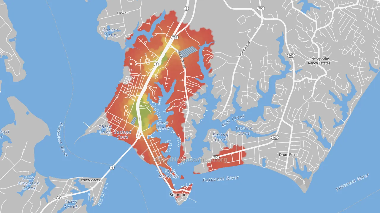 Walk Grade map of 20629, MD, walkable areas in green and car-dependent areas in red