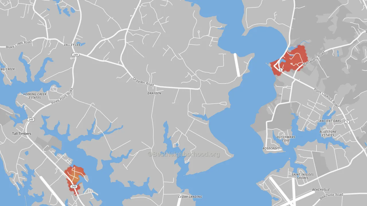 Walk Grade map of 20630, MD, walkable areas in green and car-dependent areas in red