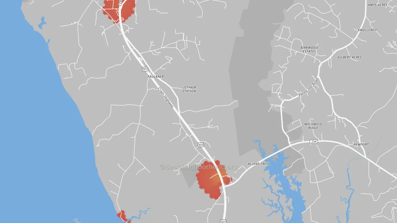 Walk Grade map of 20632, MD, walkable areas in green and car-dependent areas in red