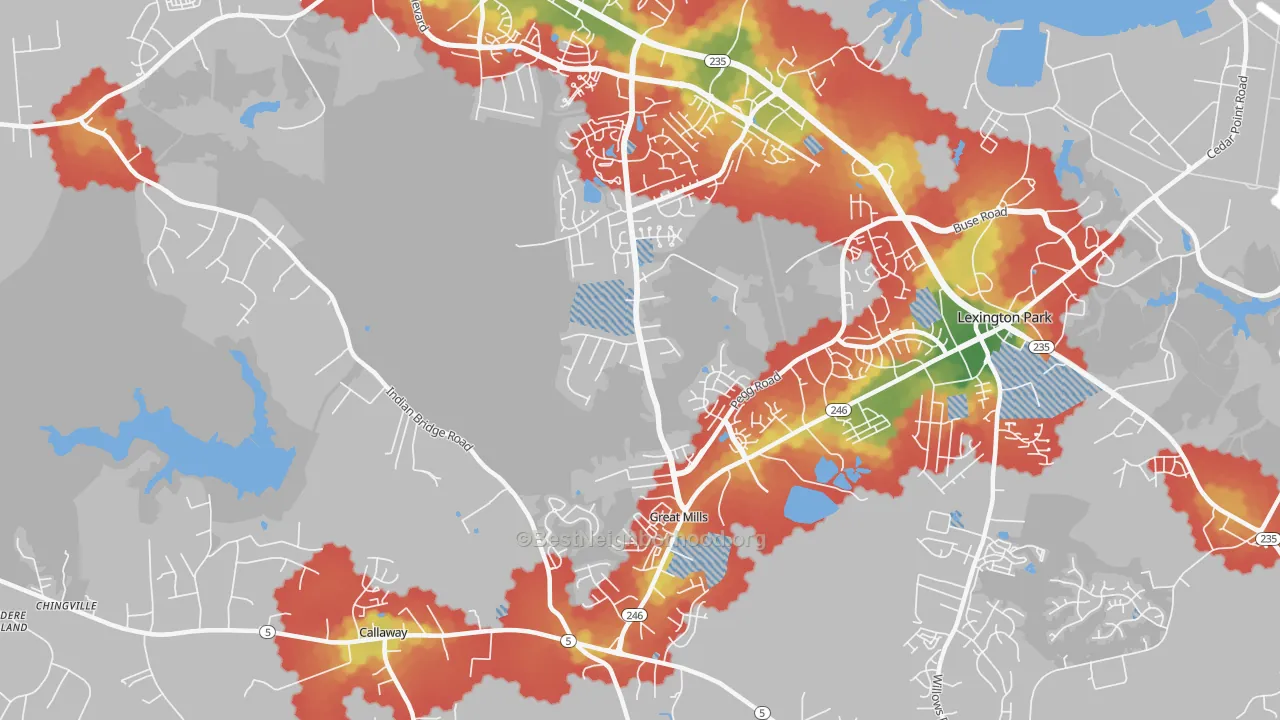 Walk Grade map of 20634, MD, walkable areas in green and car-dependent areas in red