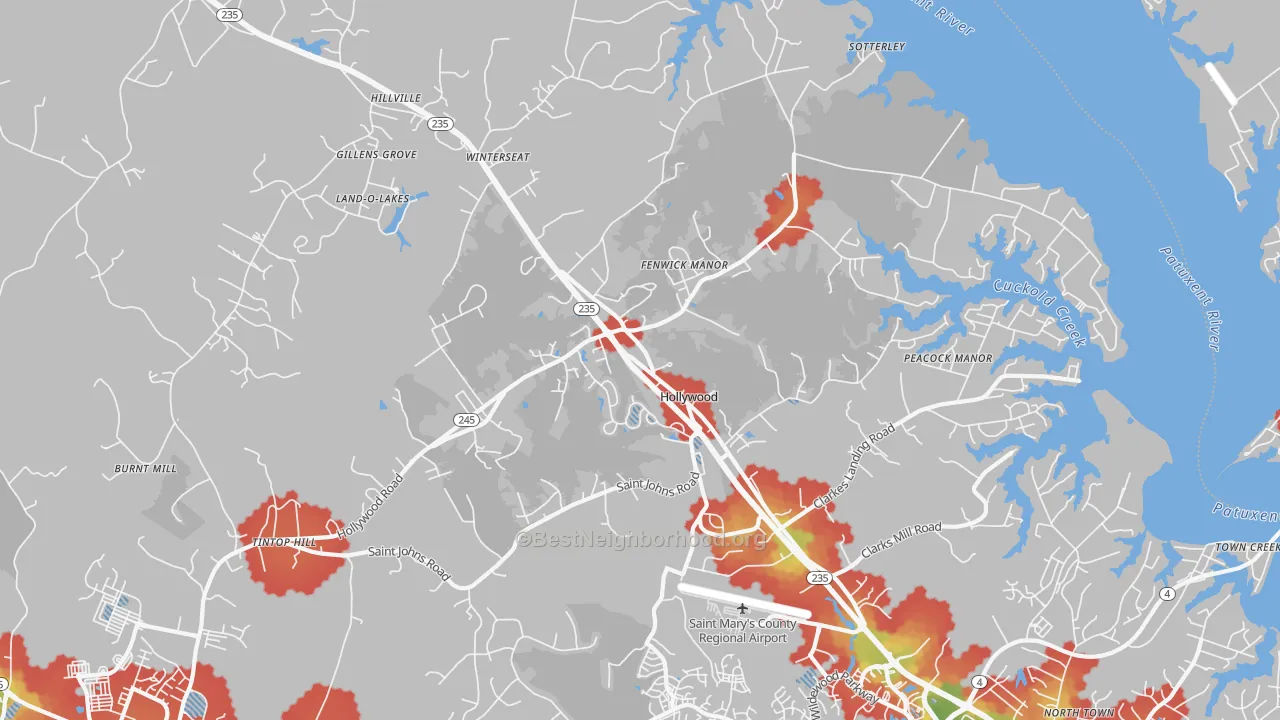 Walk Grade map of 20636, MD, walkable areas in green and car-dependent areas in red