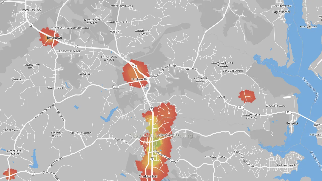 Walk Grade map of 20637, MD, walkable areas in green and car-dependent areas in red