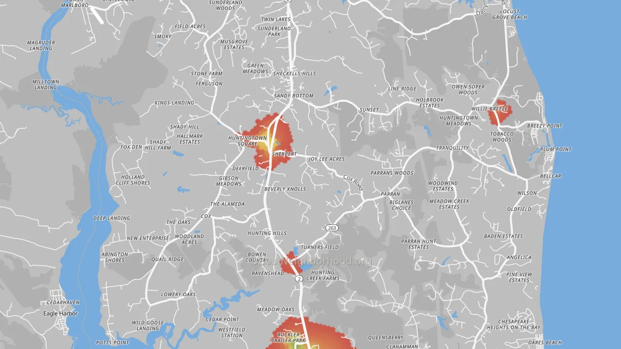 Walk Grade map of 20639, MD, walkable areas in green and car-dependent areas in red