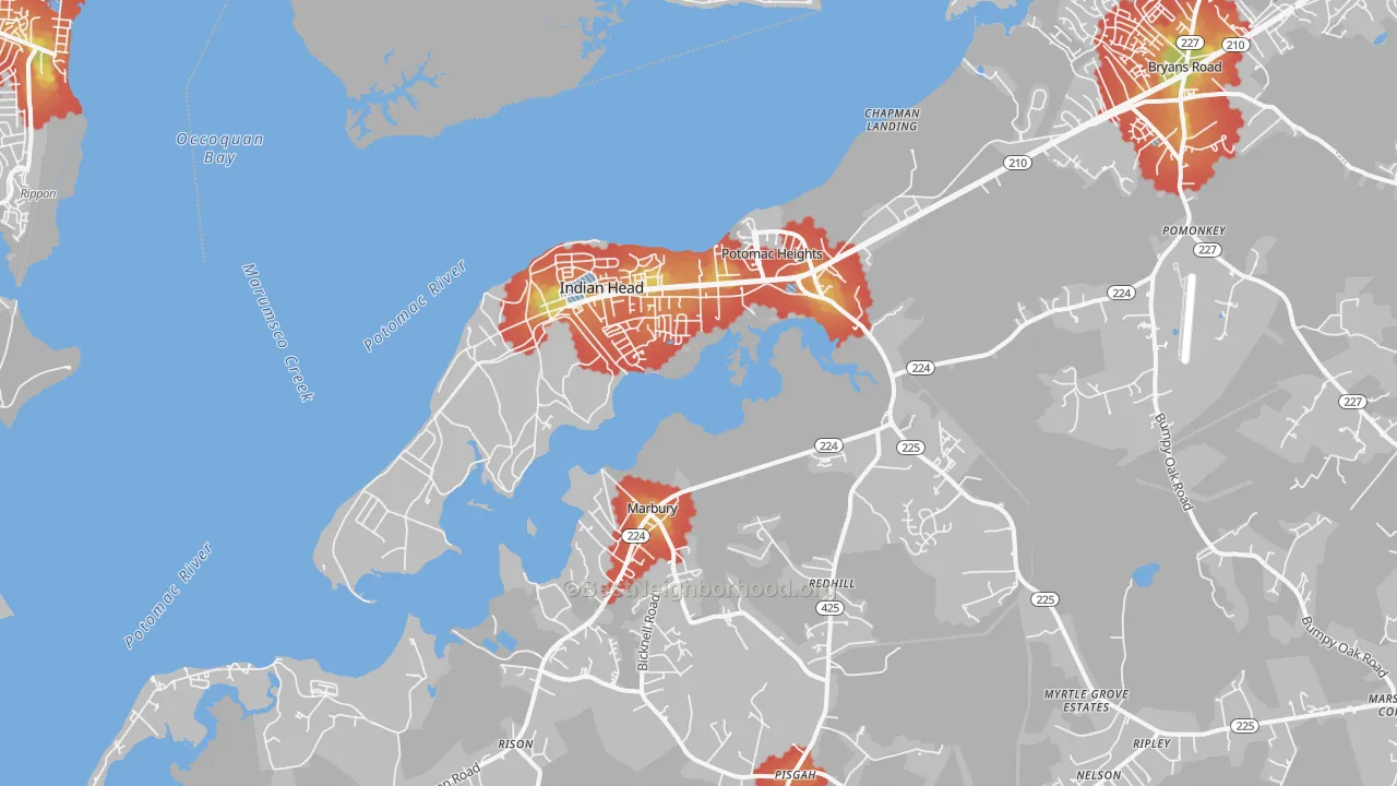 Walk Grade map of 20640, MD, walkable areas in green and car-dependent areas in red