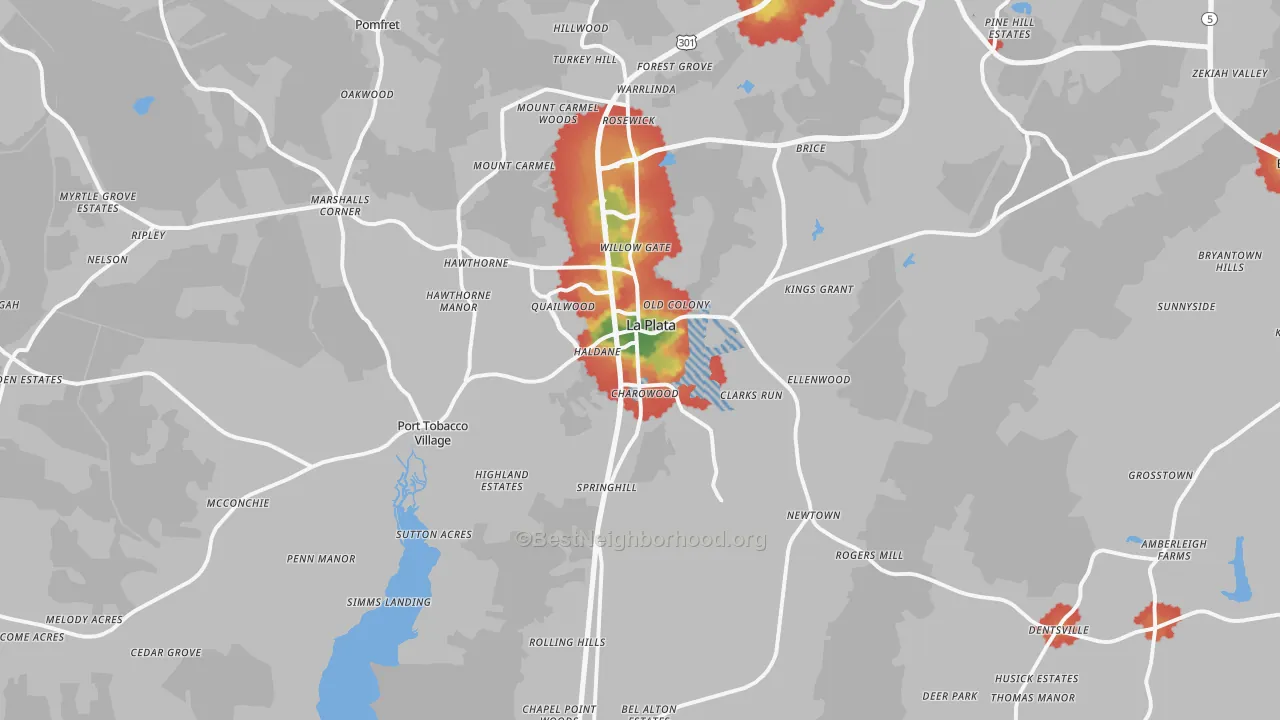 Walk Grade map of 20646, MD, walkable areas in green and car-dependent areas in red