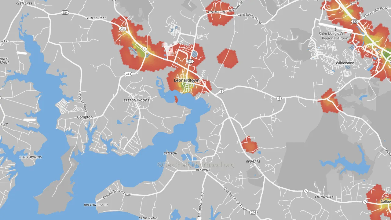 Walk Grade map of 20650, MD, walkable areas in green and car-dependent areas in red