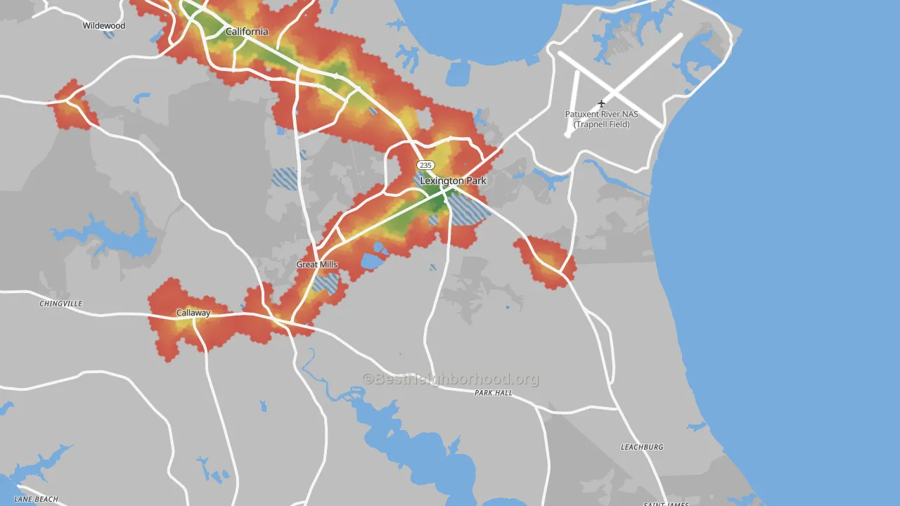 Walk Grade map of 20653, MD, walkable areas in green and car-dependent areas in red