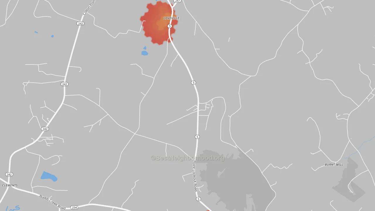 Walk Grade map of 20656, MD, walkable areas in green and car-dependent areas in red