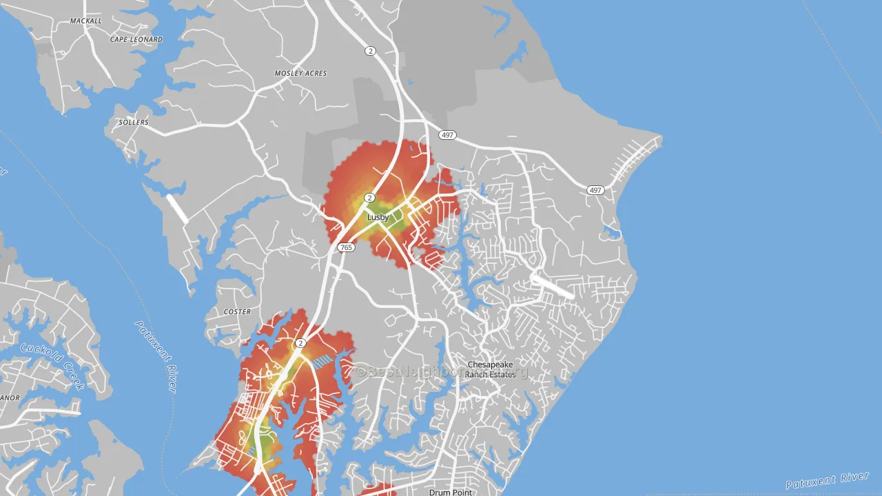 Walk Grade map of 20657, MD, walkable areas in green and car-dependent areas in red
