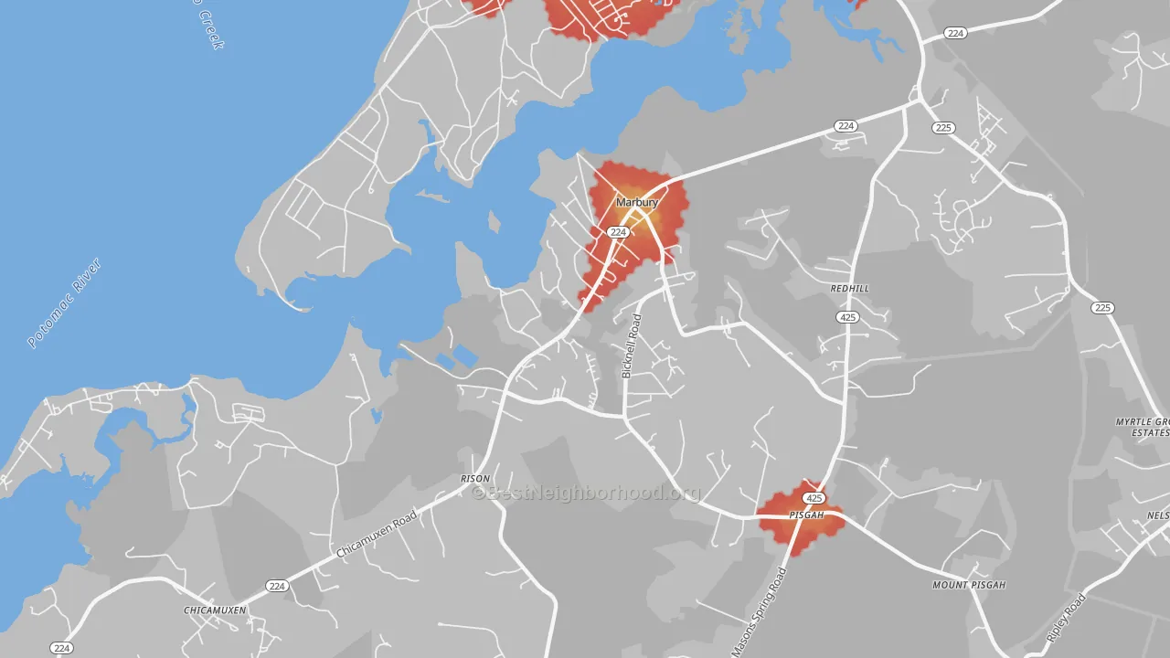 Walk Grade map of 20658, MD, walkable areas in green and car-dependent areas in red