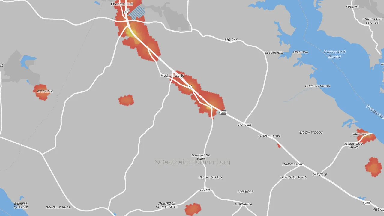 Walk Grade map of 20659, MD, walkable areas in green and car-dependent areas in red