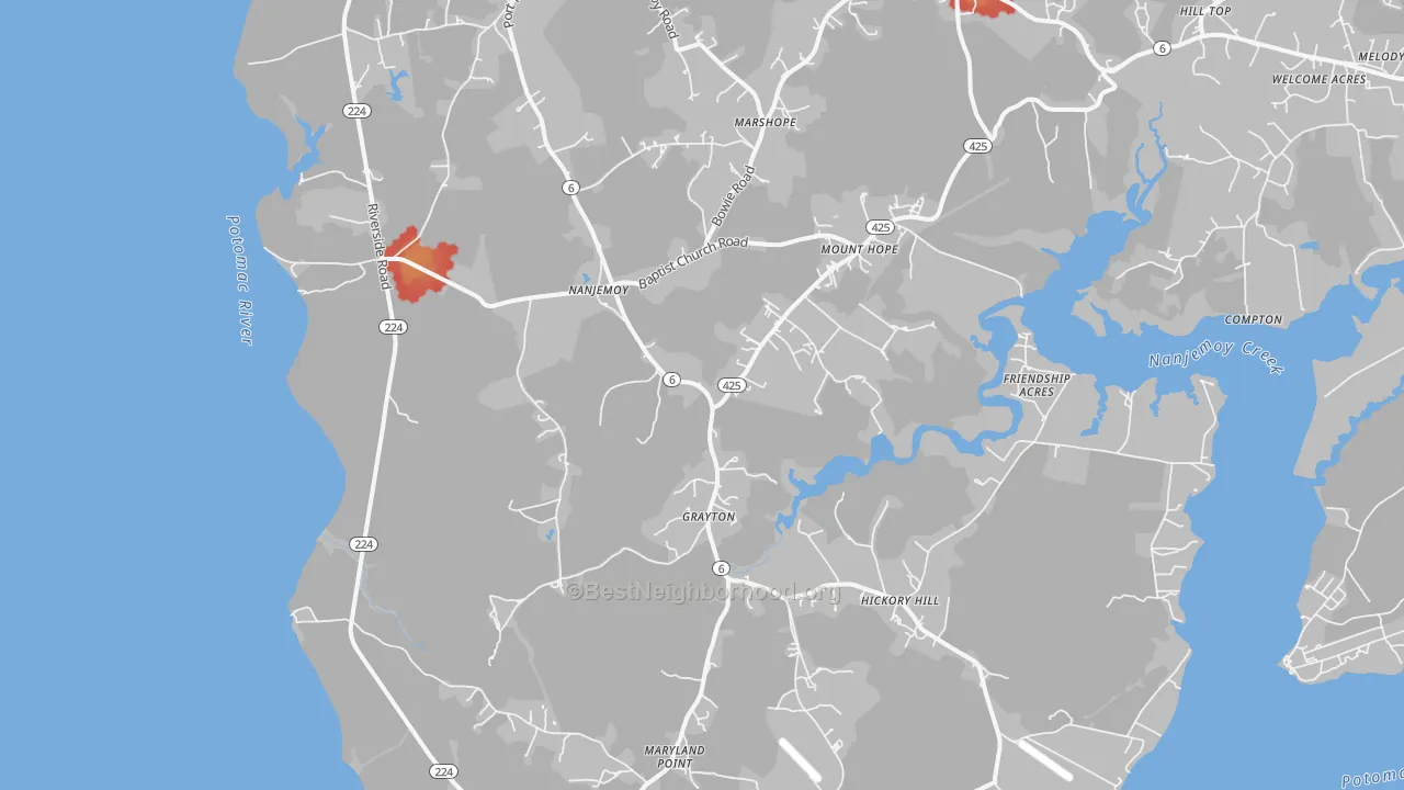Walk Grade map of 20662, MD, walkable areas in green and car-dependent areas in red