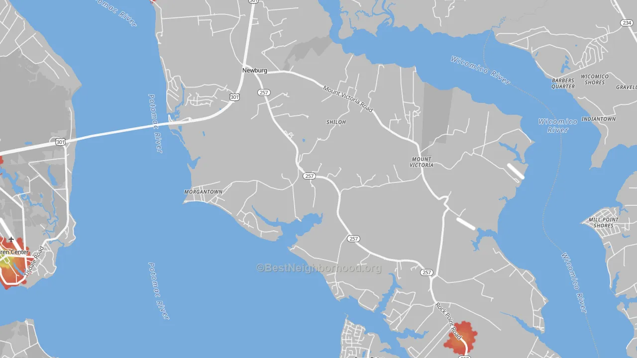 Walk Grade map of 20664, MD, walkable areas in green and car-dependent areas in red