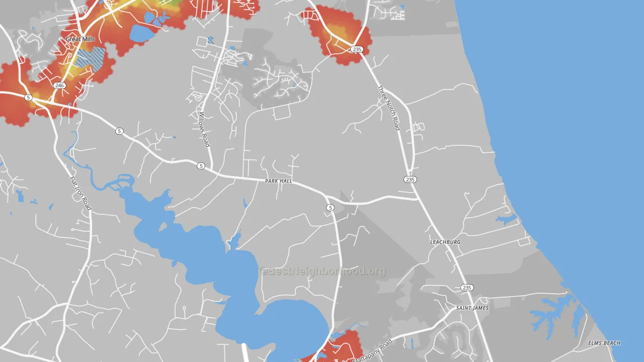 Walk Grade map of 20667, MD, walkable areas in green and car-dependent areas in red