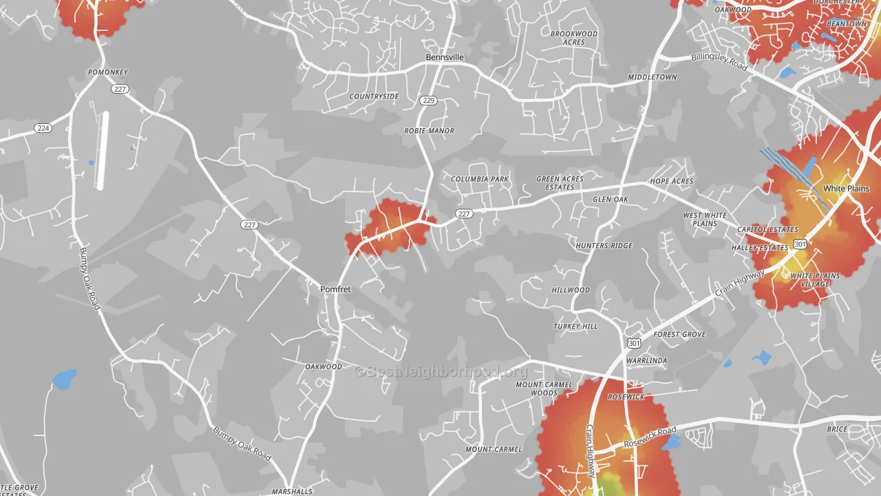 Walk Grade map of 20675, MD, walkable areas in green and car-dependent areas in red