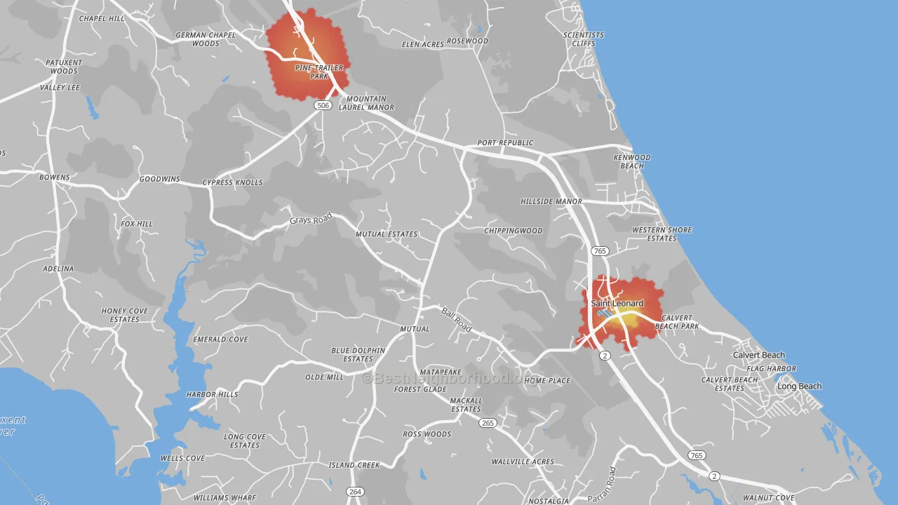 Walk Grade map of 20676, MD, walkable areas in green and car-dependent areas in red