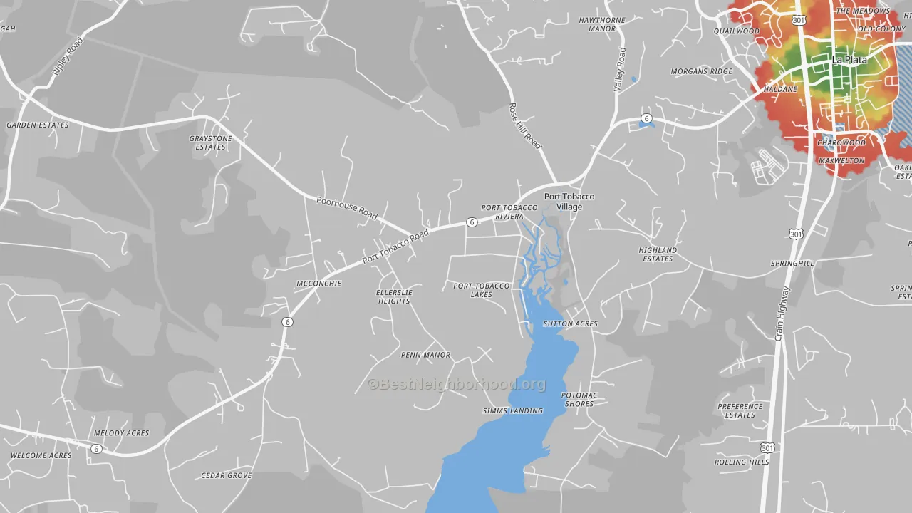 Walk Grade map of 20677, MD, walkable areas in green and car-dependent areas in red