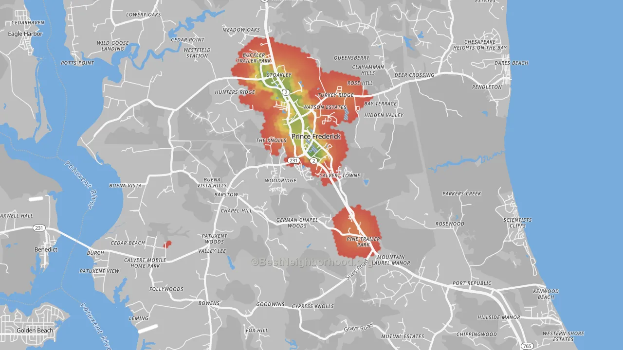 Walk Grade map of 20678, MD, walkable areas in green and car-dependent areas in red