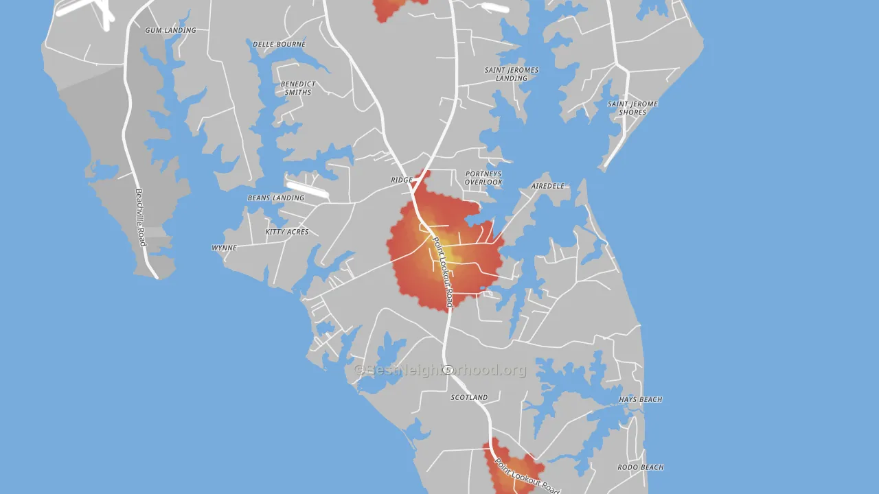 Walk Grade map of 20680, MD, walkable areas in green and car-dependent areas in red