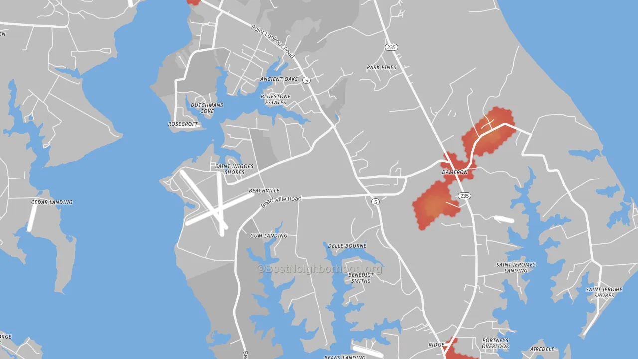 Walk Grade map of 20684, MD, walkable areas in green and car-dependent areas in red