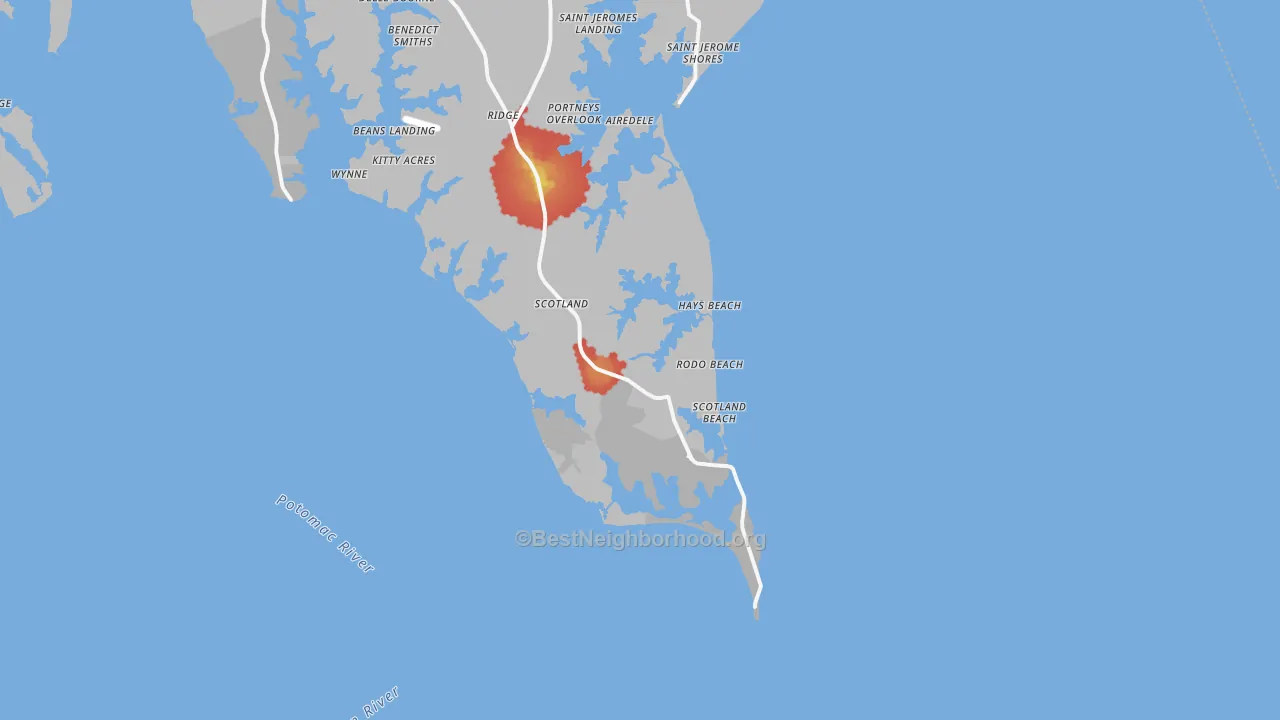 Walk Grade map of 20687, MD, walkable areas in green and car-dependent areas in red