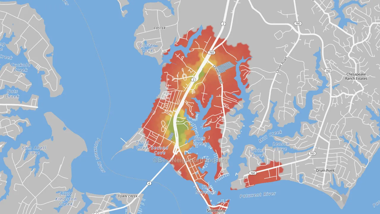 Walk Grade map of 20688, MD, walkable areas in green and car-dependent areas in red