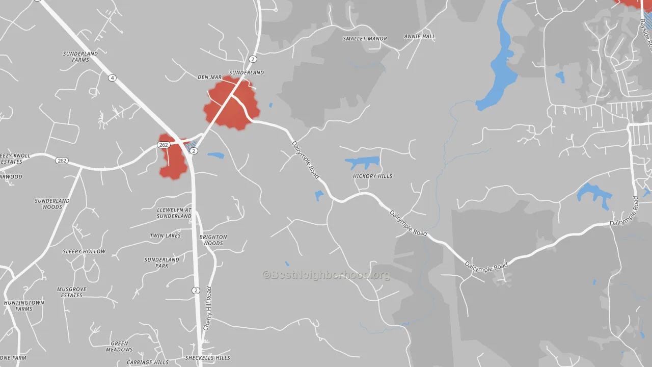 Walk Grade map of 20689, MD, walkable areas in green and car-dependent areas in red