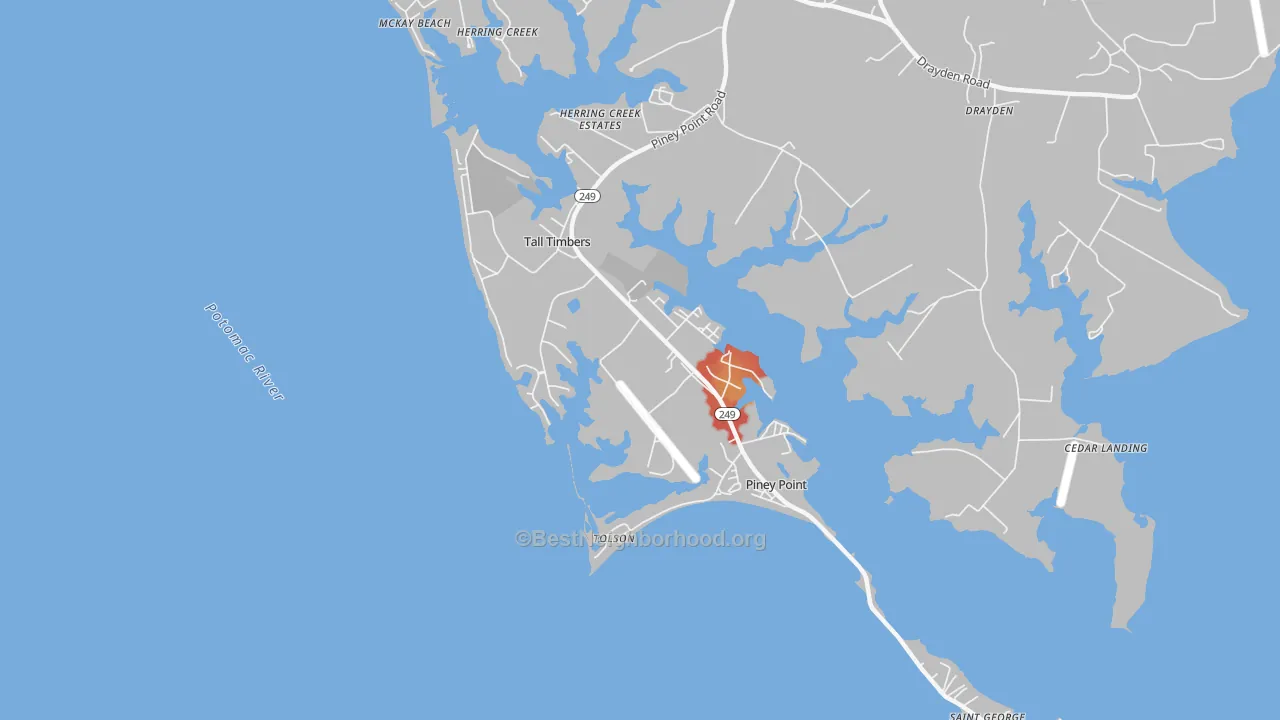 Walk Grade map of 20690, MD, walkable areas in green and car-dependent areas in red
