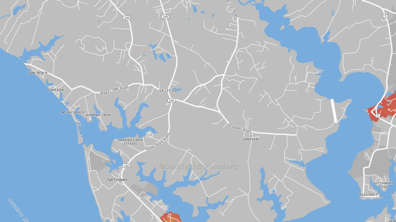 Walk Grade map of 20692, MD, walkable areas in green and car-dependent areas in red