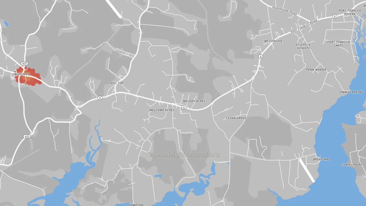 Walk Grade map of 20693, MD, walkable areas in green and car-dependent areas in red
