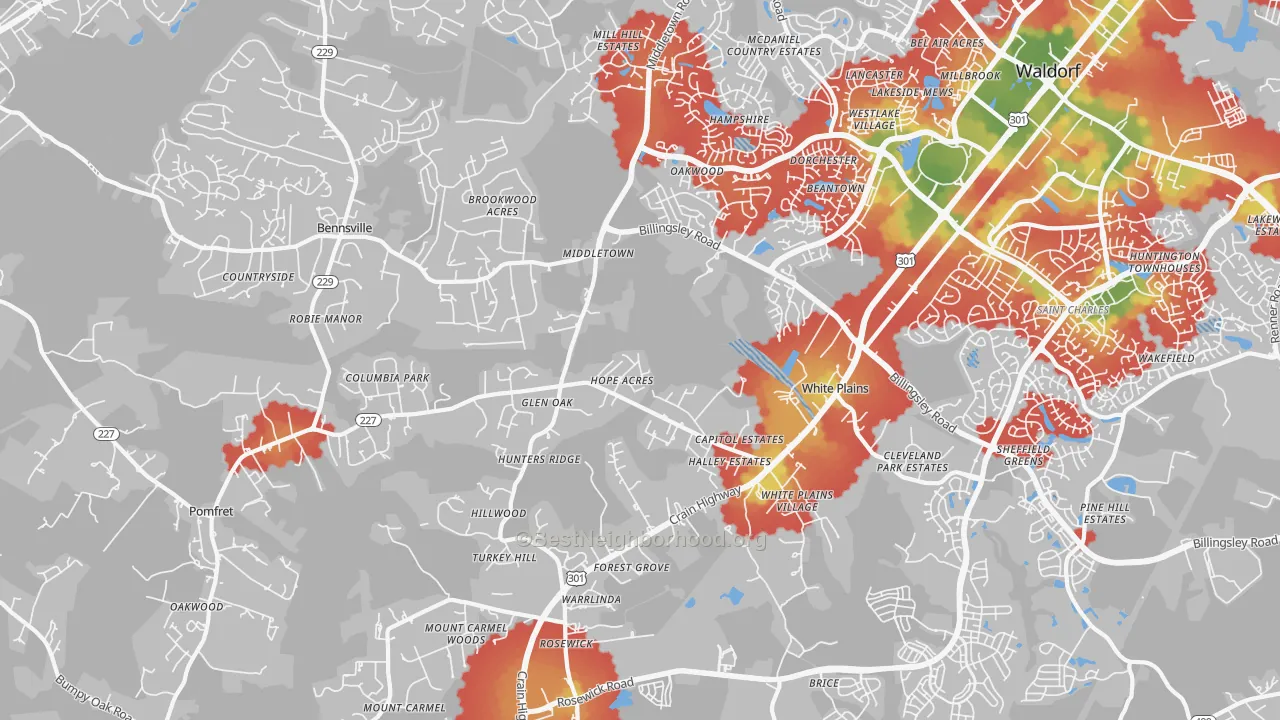 Walk Grade map of 20695, MD, walkable areas in green and car-dependent areas in red