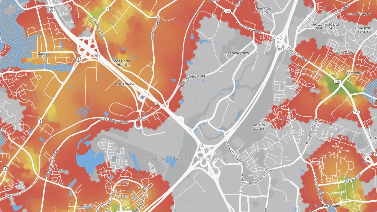 Walk Grade map of 20701, MD, walkable areas in green and car-dependent areas in red