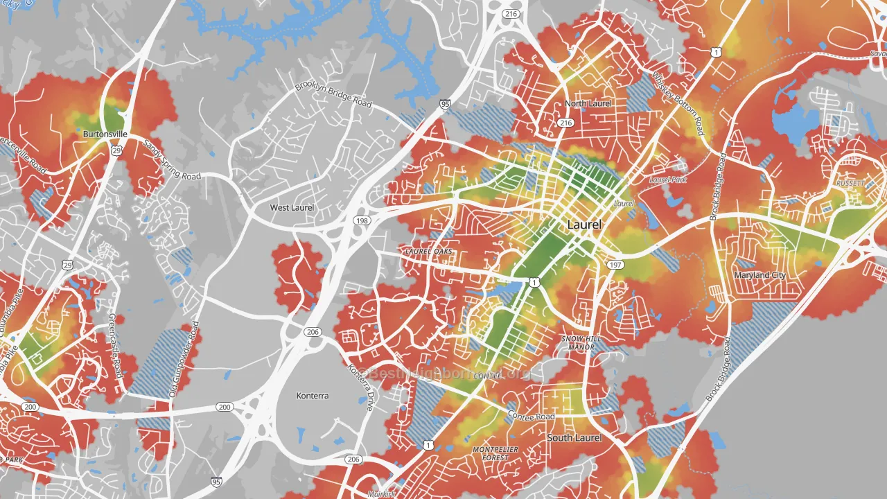 Walk Grade map of 20707, MD, walkable areas in green and car-dependent areas in red