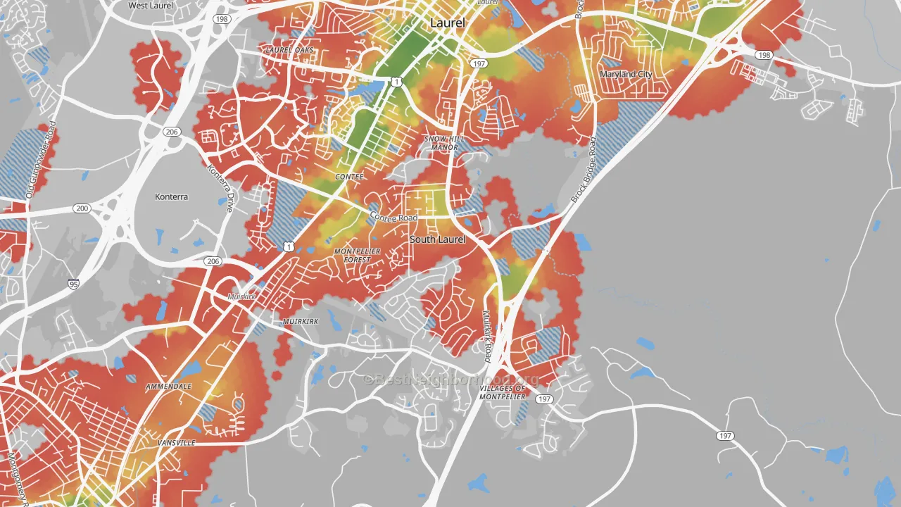 Walk Grade map of 20708, MD, walkable areas in green and car-dependent areas in red