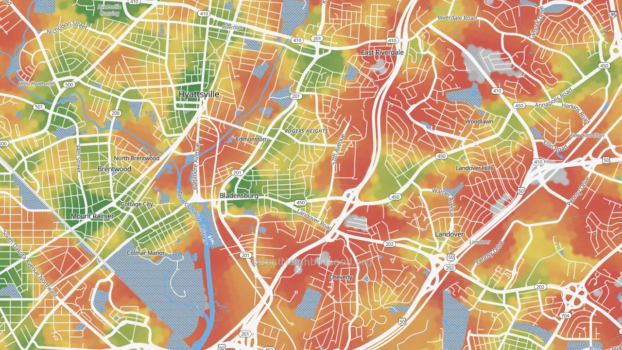 Walk Grade map of 20710, MD, walkable areas in green and car-dependent areas in red