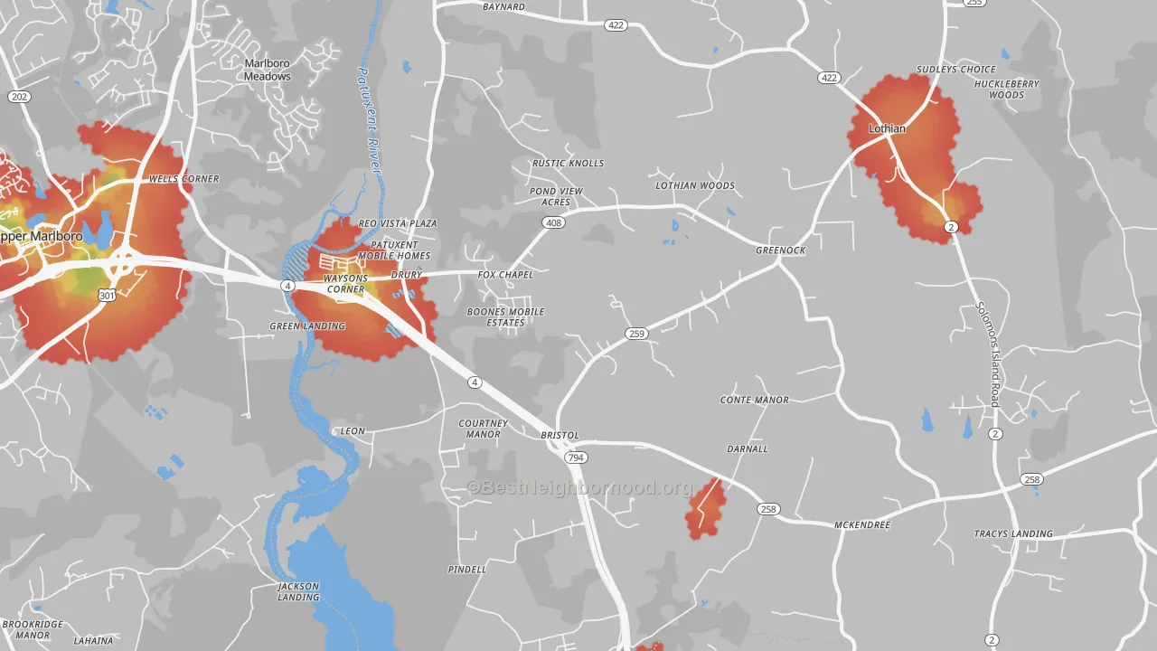 Walk Grade map of 20711, MD, walkable areas in green and car-dependent areas in red