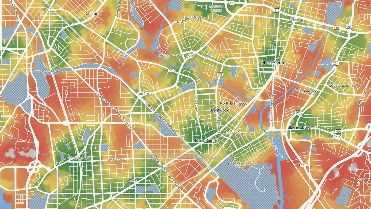 Walk Grade map of 20712, MD, walkable areas in green and car-dependent areas in red