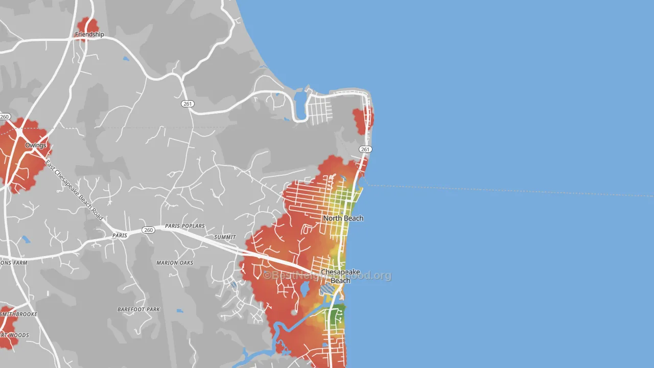 Walk Grade map of 20714, MD, walkable areas in green and car-dependent areas in red
