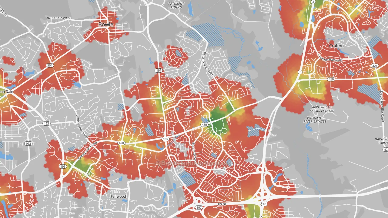 Walk Grade map of 20715, MD, walkable areas in green and car-dependent areas in red