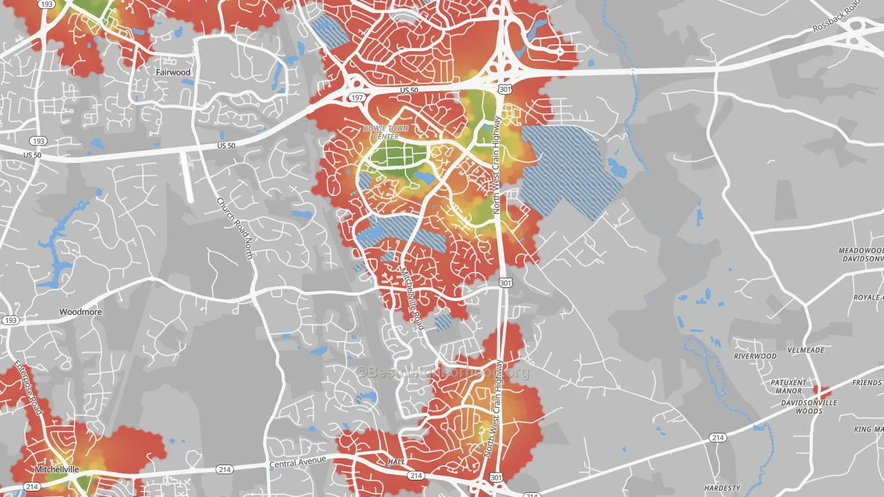 Walk Grade map of 20716, MD, walkable areas in green and car-dependent areas in red